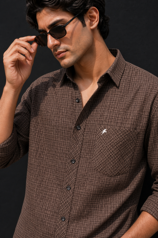 Men Brown Micro Checked Full Sleeve Casual Shirt