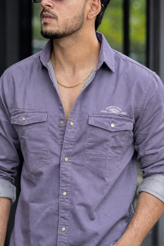 Men Lavender Double Pocket Casual Shirt | Snap Button Denim Shirt