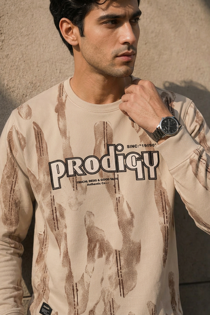 Men Cream Printed Sweatshirt – Full Sleeve Prodigy Graphic
