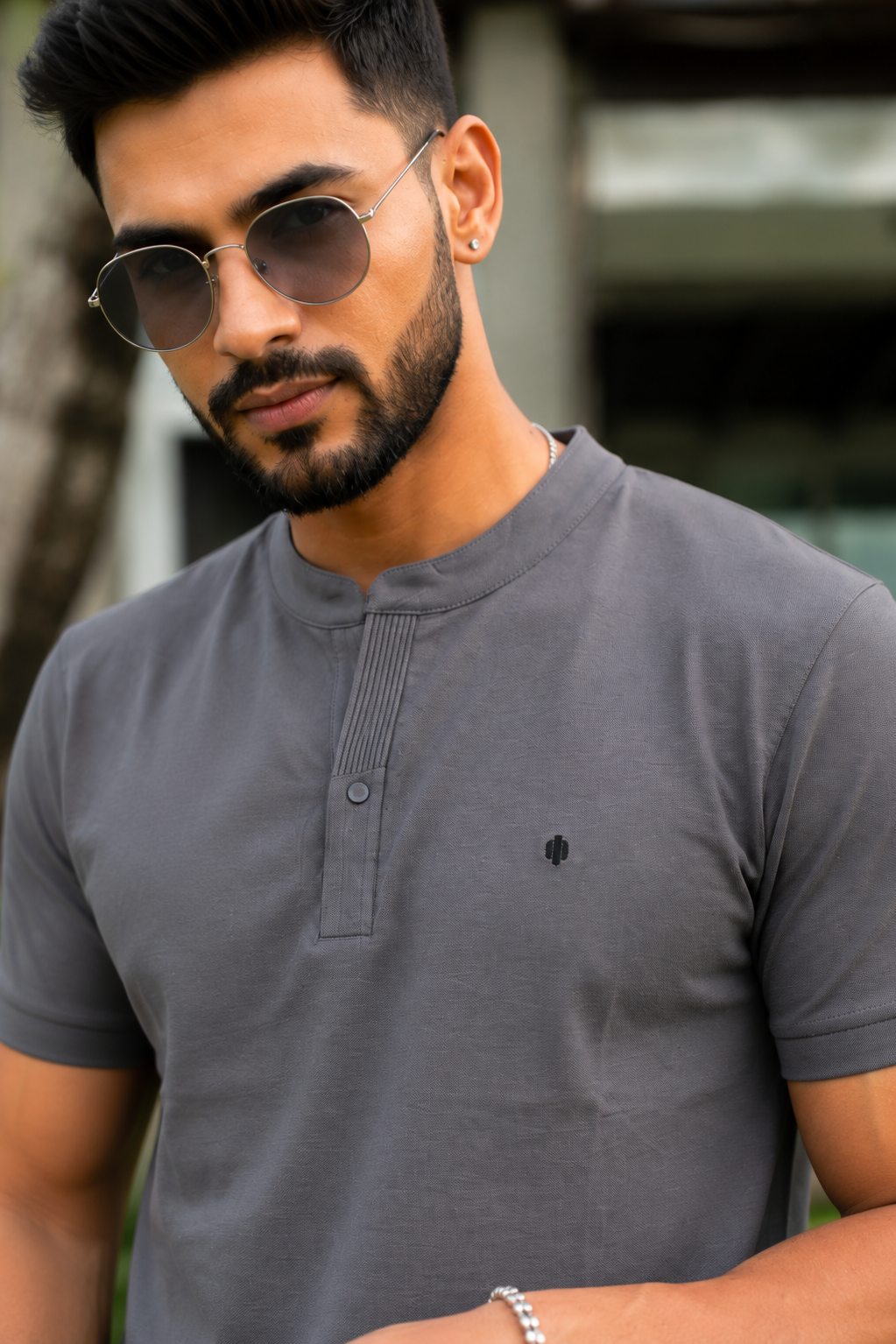Men Solid Dark Grey Mandarin Collar Polo T-Shirt - Premium Sinker Slim Fit 13058