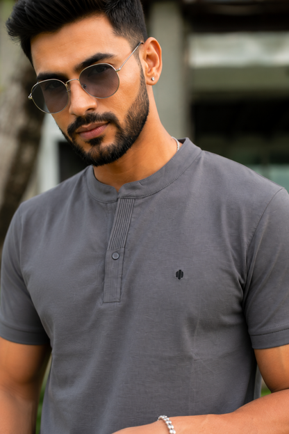 Men Solid Dark Grey Mandarin Collar Polo T-Shirt - Premium Sinker Slim Fit 13058