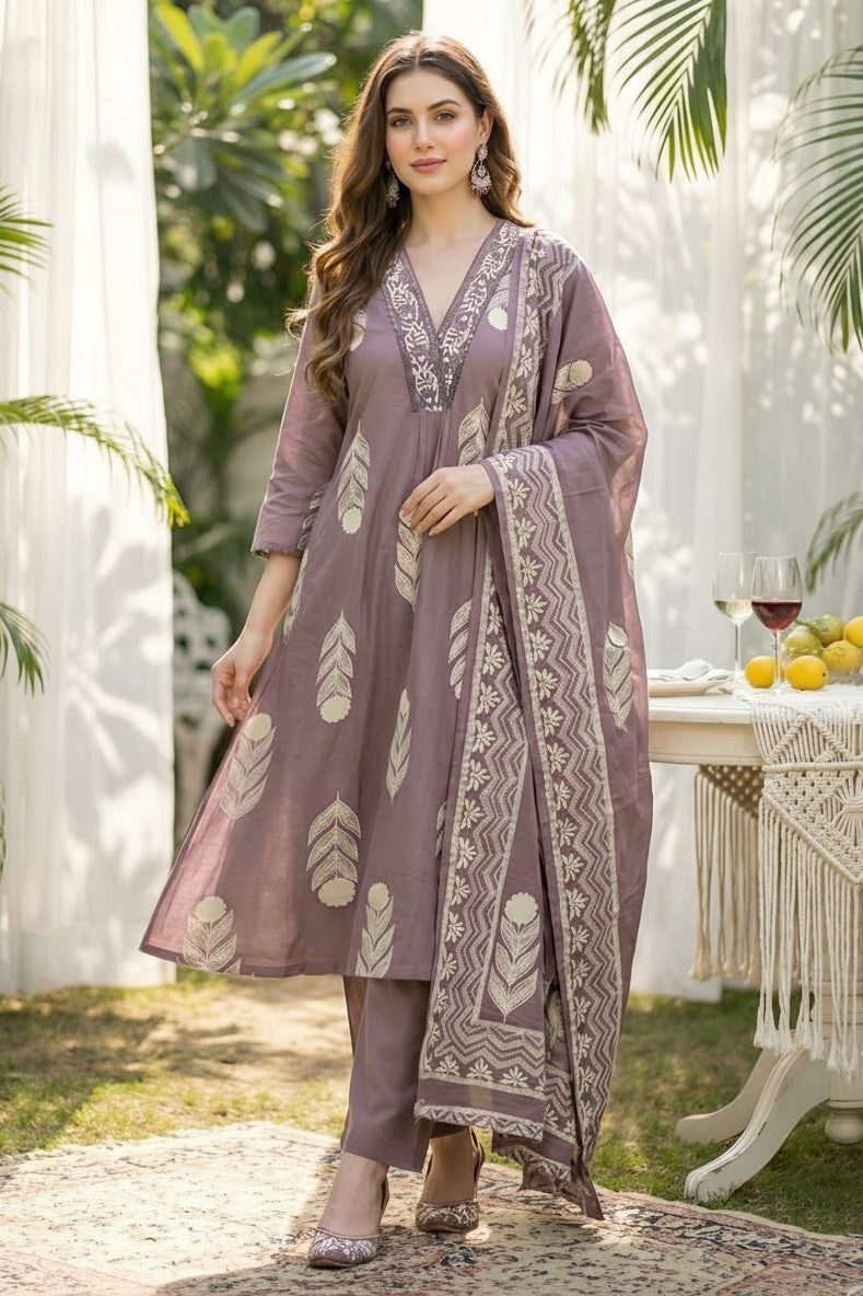 Women Floral Pure Cotton Kurta, Churidar & Dupatta Set-Onion-261014108