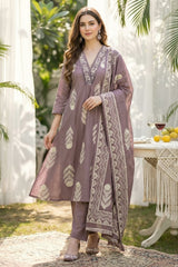 Women Floral Pure Cotton Kurta, Churidar & Dupatta Set-Onion-261014108