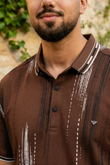 Men Printed Collared Polo T-Shirt in Earthy Coffee