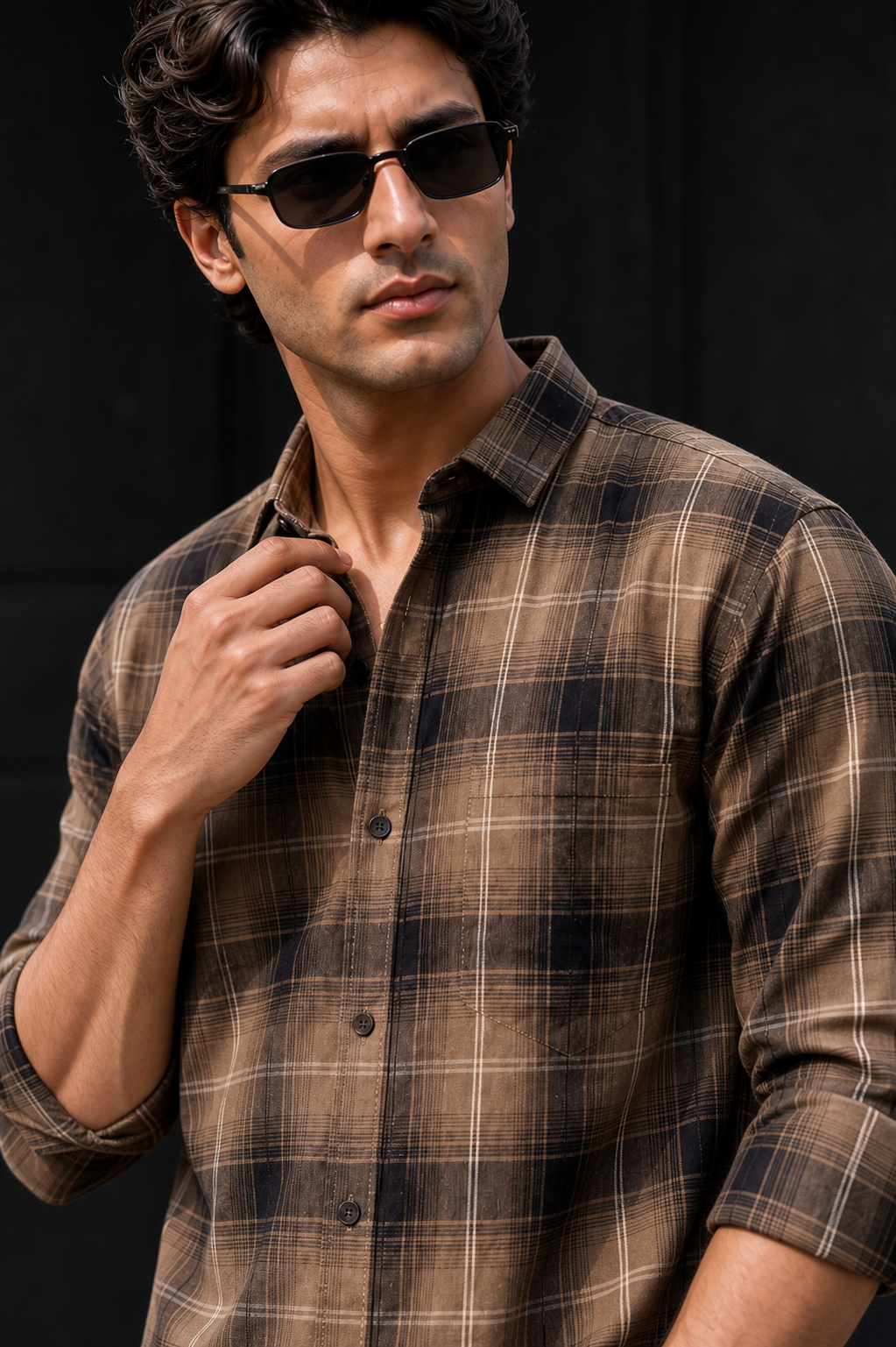 Men Olive & Black Plaid Long Sleeve Shirt