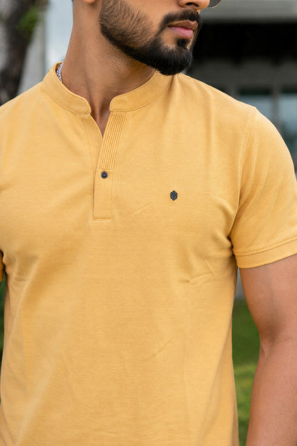 Men Solid Yellow Mandarin Collar Polo T-Shirt - Premium Sinker Slim Fit 13058