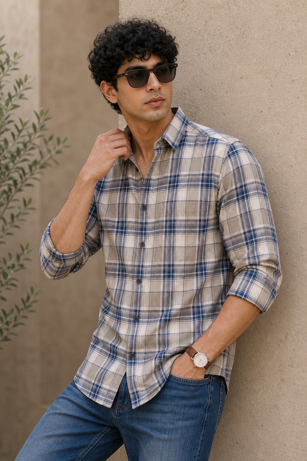 Men Beige and Blue Checkered Shirt Full Sleeve Slim Fit