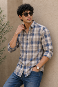 Men Beige and Blue Checkered Shirt Full Sleeve Slim Fit PRA-596