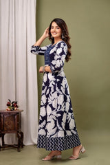 Women Navy Blue & White Printed Kurti with Embroidered Yoke