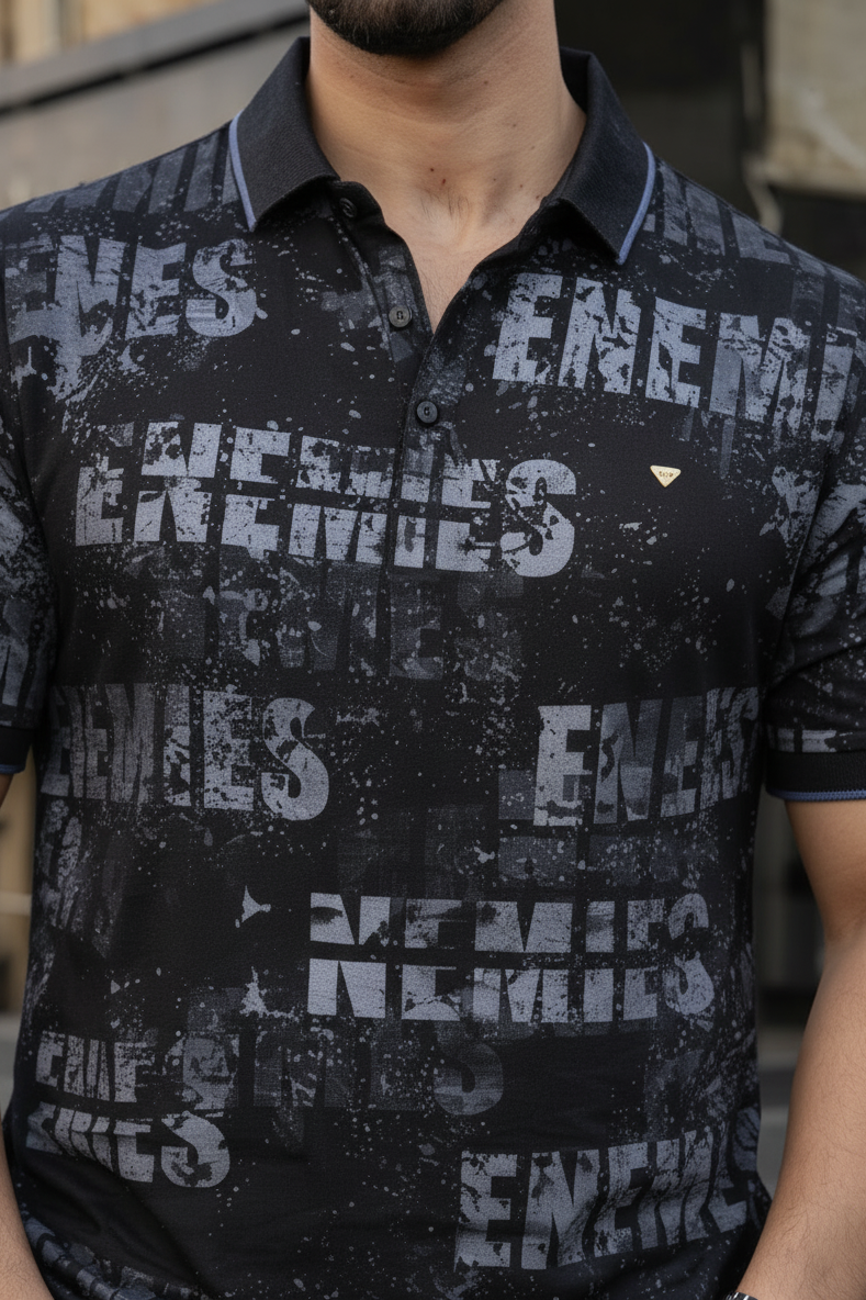 Men Typography Print Polo T-Shirt in Black ATL5996