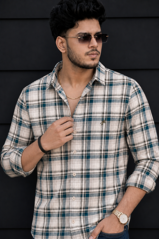 Green Checked Button-Up Shirt for Men – Smart Casual Style
