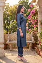 Navy Blue Floral Embroidery Work Cord Set for Women 1057