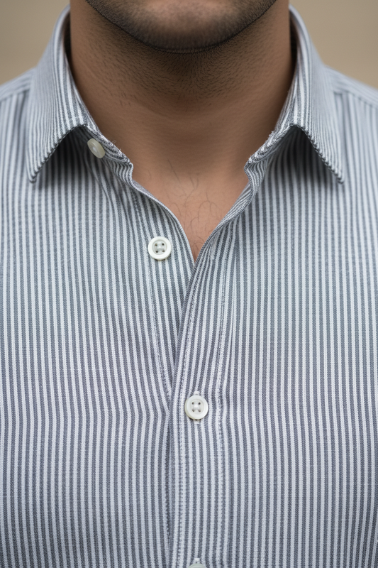 Men Slim Fit Grey & White Vertical Striped Long Sleeve Shirt 251167780