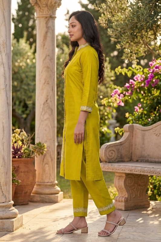 Pgreen Floral Embroidery Work Cord Set for Women 1057