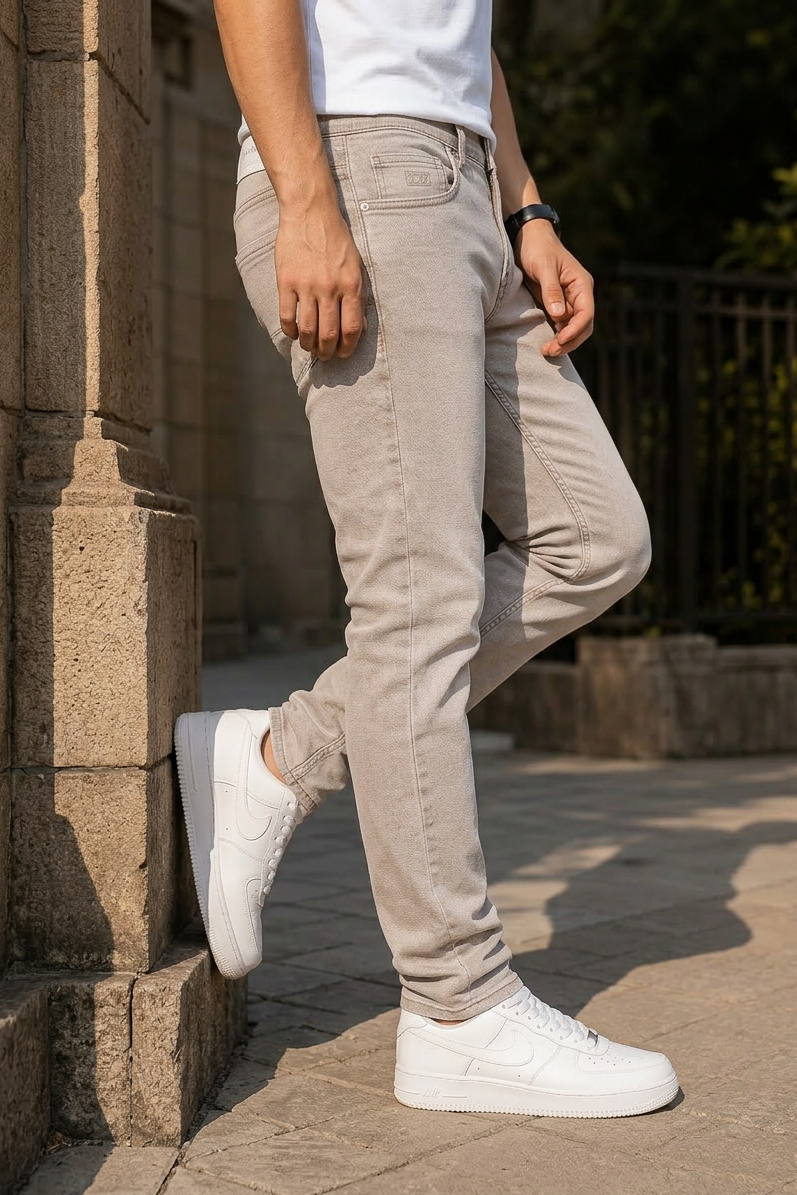 Men Cream Textured Ankle Fit Denim Jeans 9696