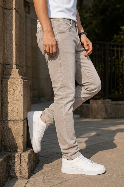 Men Cream Textured Ankle Fit Denim Jeans 9696