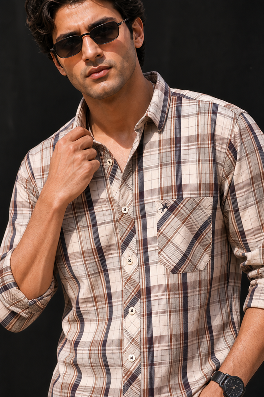 Men Brown & Cream Checked Full Sleeve Casual Shirt