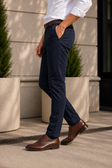 Men Navy Blue Satin-Finish Structure - Slim Fit Cotton Trousers 5127