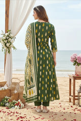 Women Floral Pure Cotton Kurta, Churidar & Dupatta Set-Green-261014108