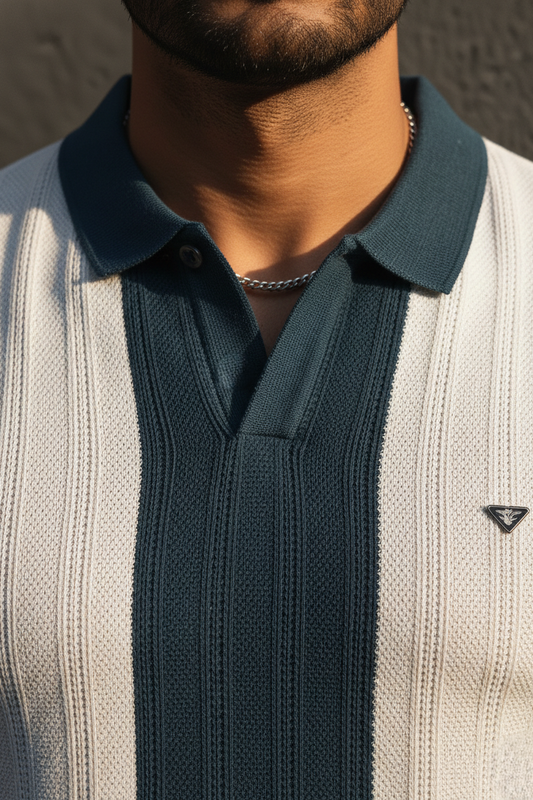 Men Casual Pblue Striped Knit Polo T-Shirt- Effortless Everyday Style 261040637