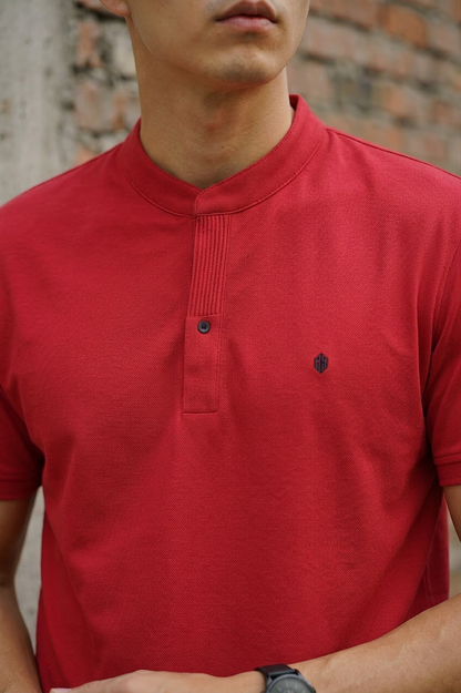 Men Solid Red Mandarin Collar Polo T-Shirt - Premium Sinker Slim Fit 13058