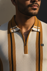 Men Casual Mustard Striped Quarter-Zip Knit Polo T-Shirt - Modern Retro 261040722