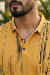 Men Printed Collared Polo T-Shirt in Earthy Yellow