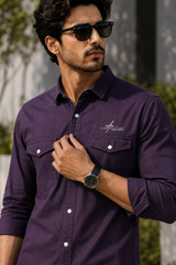 Men Plain Cotton Purple Full Sleeve Shirt | Casual Button Down Shirt with Pockets