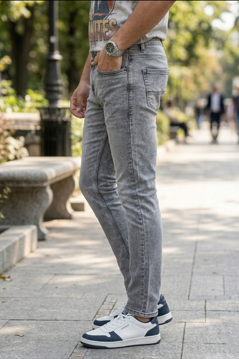 Khinwaj Men Light Grey Silver Wash Narrow Fit Denim Jeans Premium