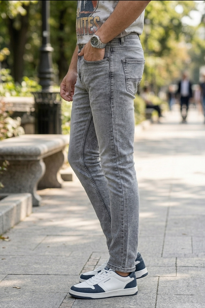 Khinwaj Men Light Grey Silver Wash Narrow Fit Denim Jeans Premium