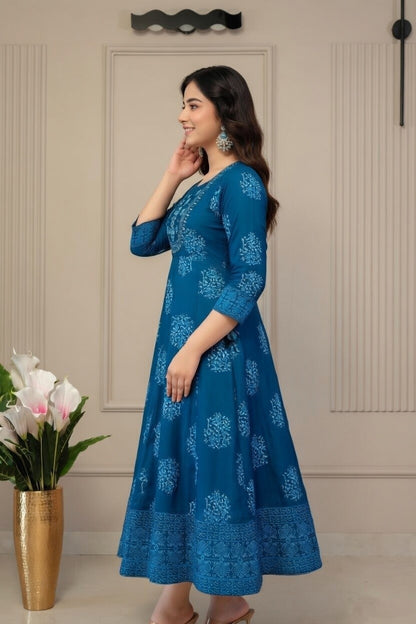 Women Royal Blue Self Print Anarkali KurtI