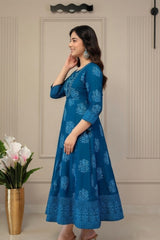 Women Royal Blue Self Print Anarkali KurtI
