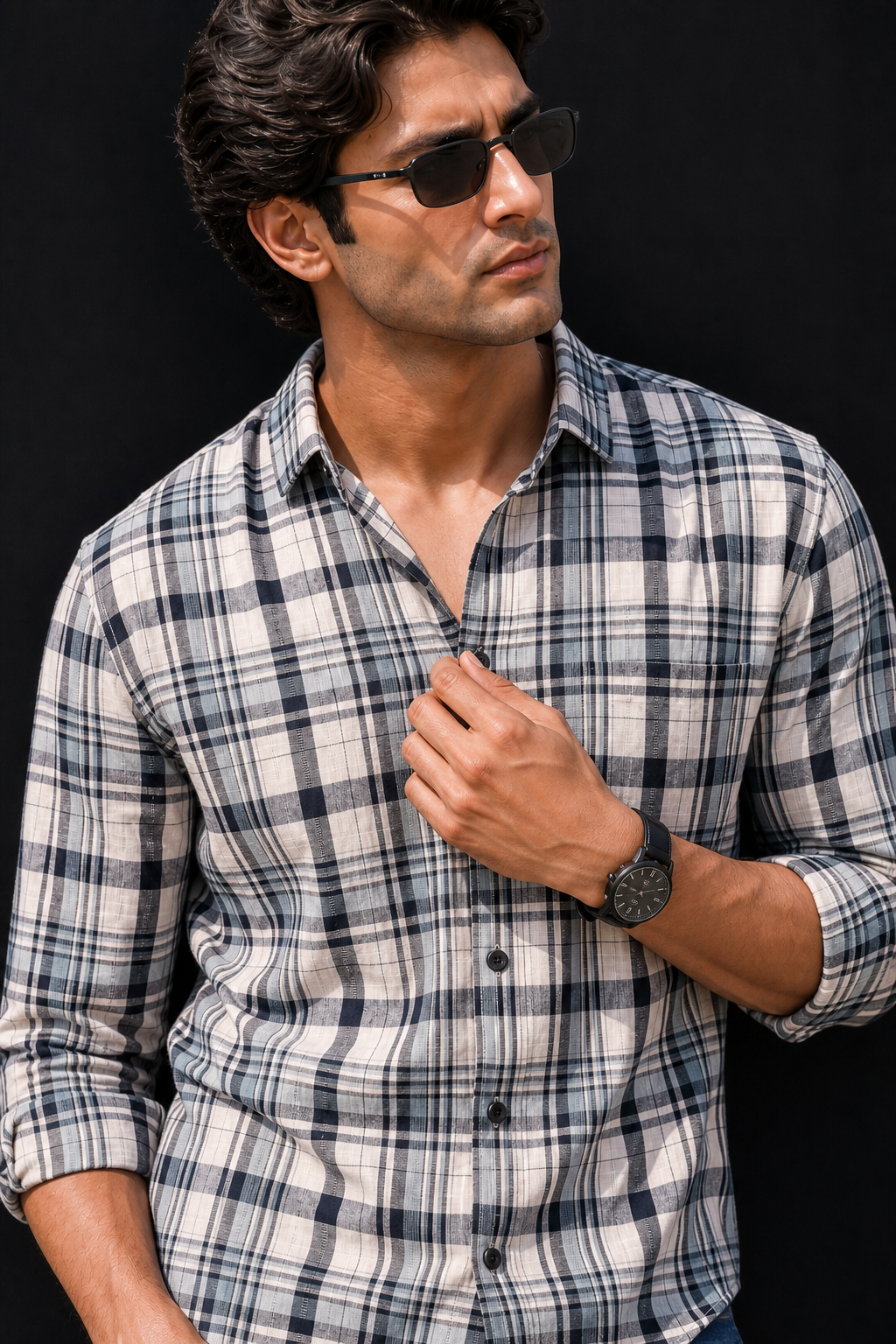 Men White and Navy Blue Checkered Casual Shirt
