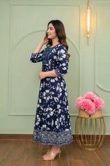 Navy Blue Floral Anarkali Kurti | Soft Cotton Casual Everyday Dress for Women