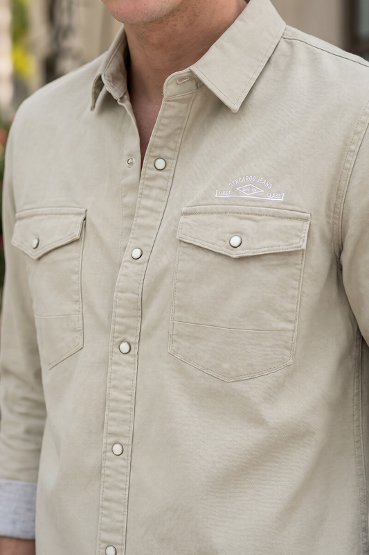 Men Cream Double Pocket Casual Shirt | Snap Button Denim Shirt