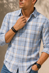 Men Grey Plaid Button-Down Shirt | Classic Long Sleeve Casual Shirt