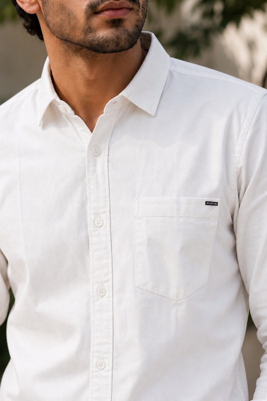 Men White Plain Cotton Shirt – Full Sleeve Single Pocket