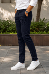 Men Navy Blue Micro-Textured Cotton Chinos | Stylish Narrow Fit Pants 5130