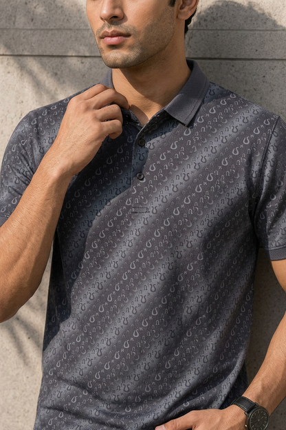 Men Premium Grey Printed Polo T-Shirt 3328