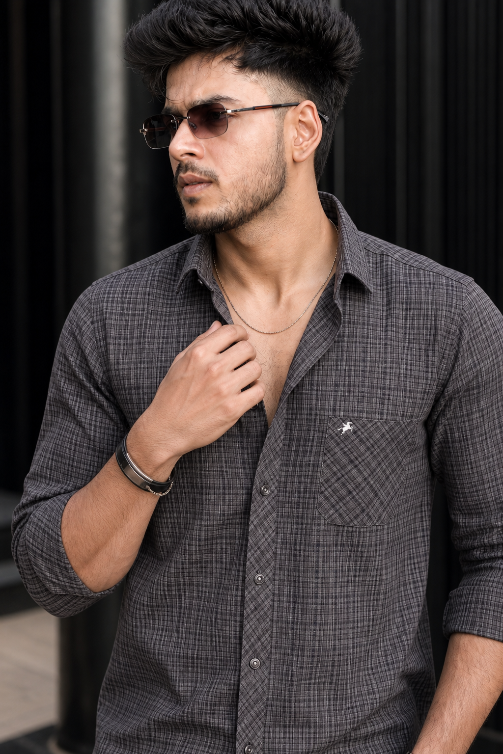 Men Small Check Pattern Shirt in Grey | Casual Full Sleeve Shirt