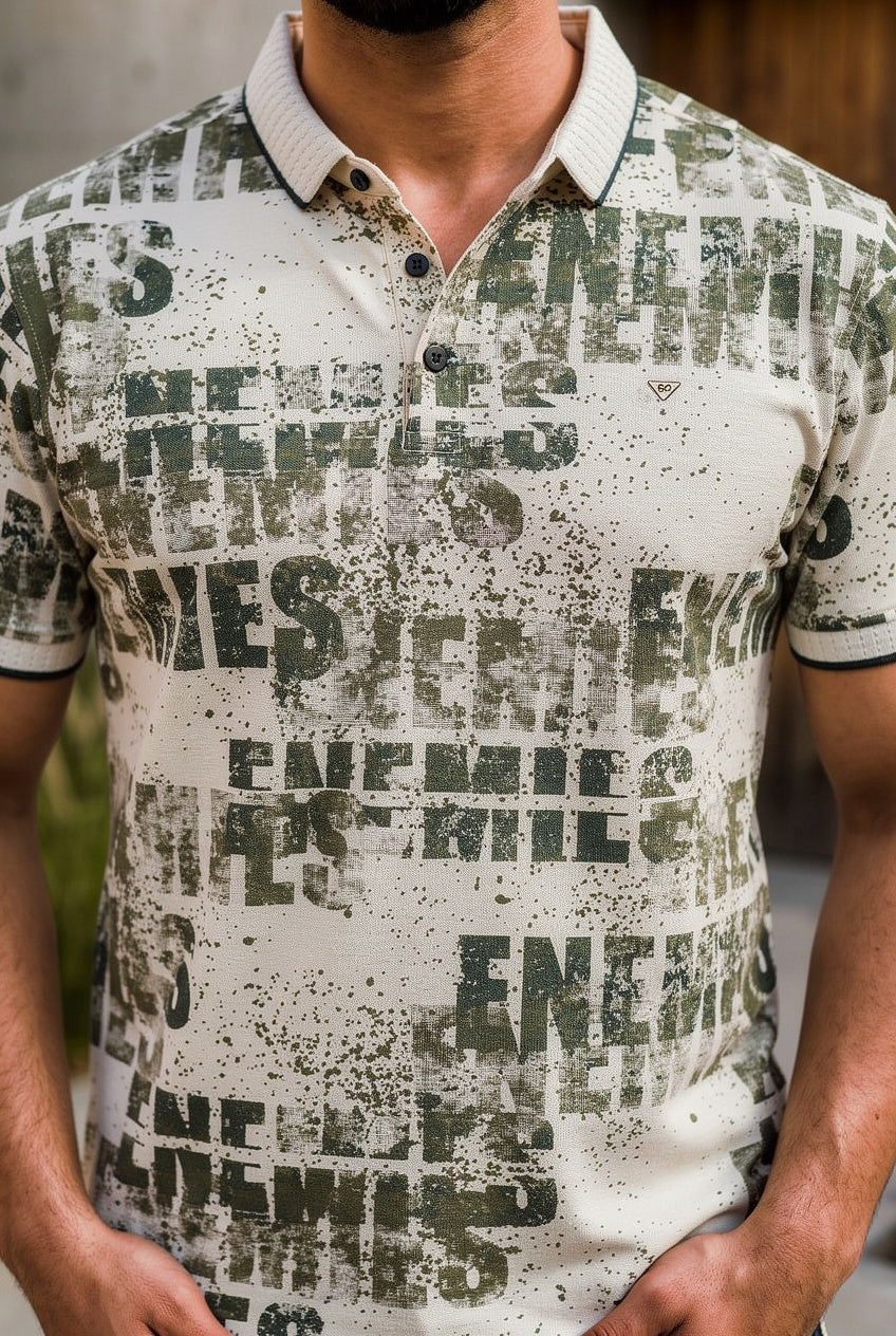 Men Typography Print Polo T-Shirt in Cream