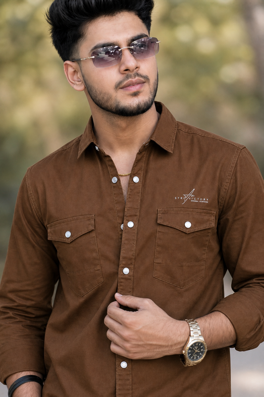 Men Plain Cotton Khakhi Full Sleeve Shirt | Casual Button Down Shirt with Pockets