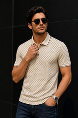 Men Cream Geometric Print Polo T-Shirt