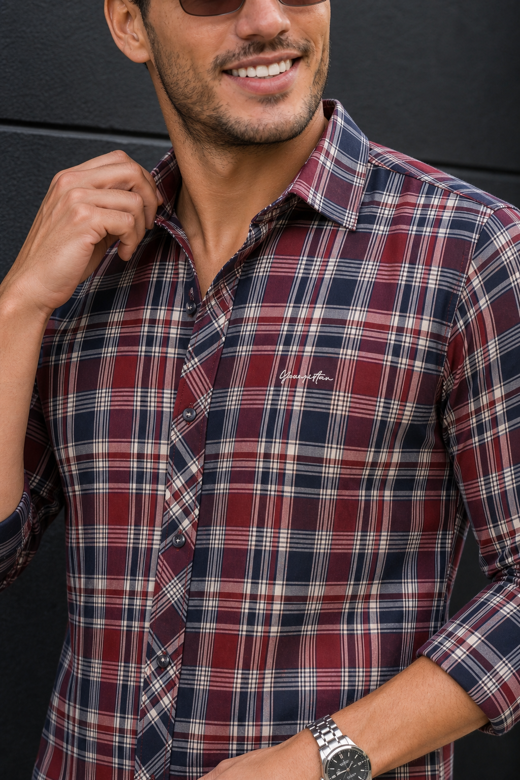 Men Classic Maroon Plaid Shirt | Navy Check Button-Up