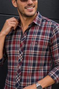 Men Classic Maroon Plaid Shirt | Navy Check Button-Up 2004-R