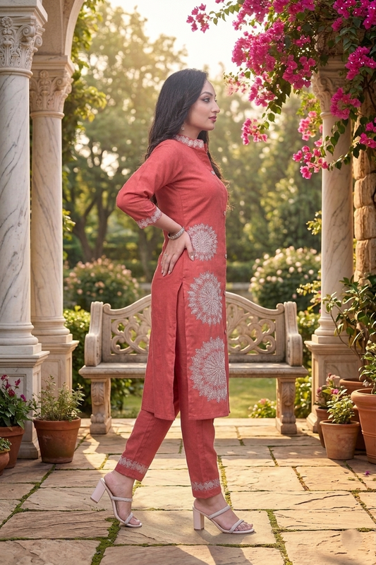 Onion Floral Embroidery Work Cord Set for Women 1057