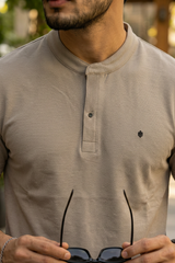 Men Solid Beige Mandarin Collar Polo T-Shirt - Premium Sinker Slim Fit 13058