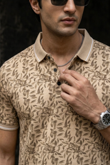 Men Cream Leaf Print Polo T-Shirt