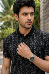 Men Black Leaf Print Polo T-Shirt