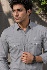 Men Plain Cotton Grey Full Sleeve Shirt | Casual Button Down Shirt with Pockets